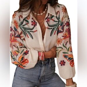 Boho Floral Button Blouse Cottagecore Long Sleeve Shirt XL